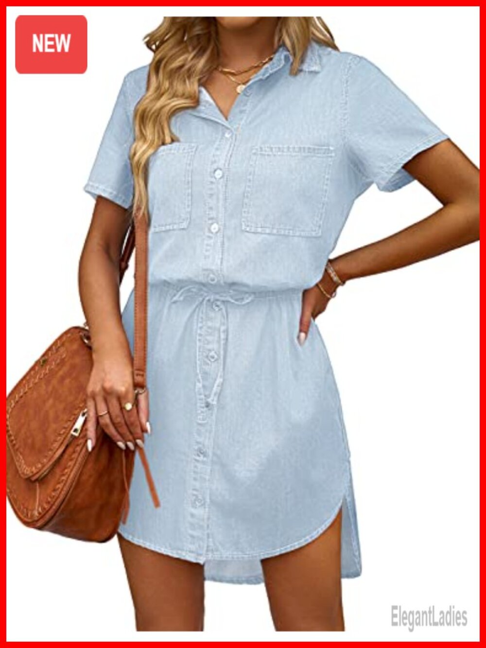 Casual Denim Shirt Dress Short Sleeve Tie Waist Button Down